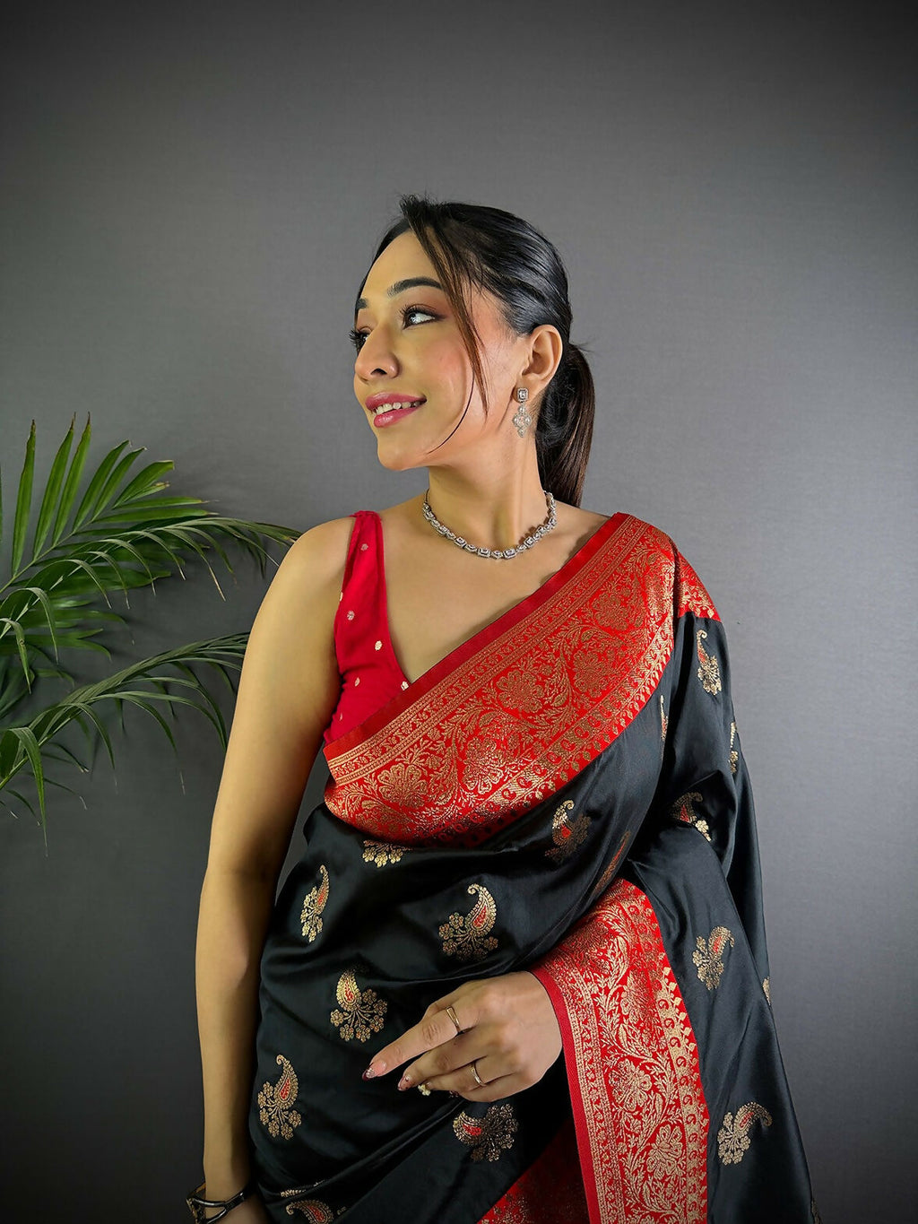 Joban Fashion Banarasi Black Woven Butti Soft Silk Saree | Grocsy