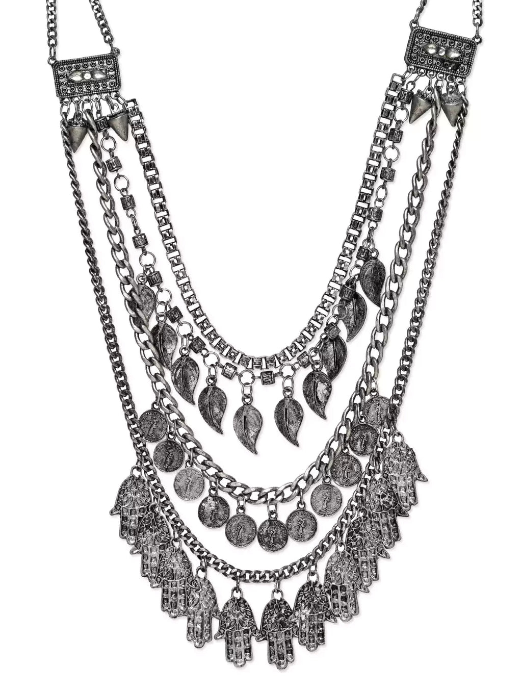 Silver-Plated Alloy Multi Layer Silver Oxidised Necklace - The Pari | Grocsy