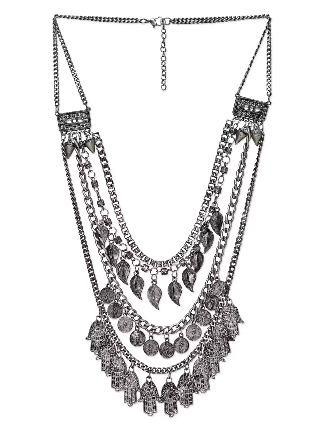 Silver-Plated Alloy Multi Layer Silver Oxidised Necklace - The Pari | Grocsy