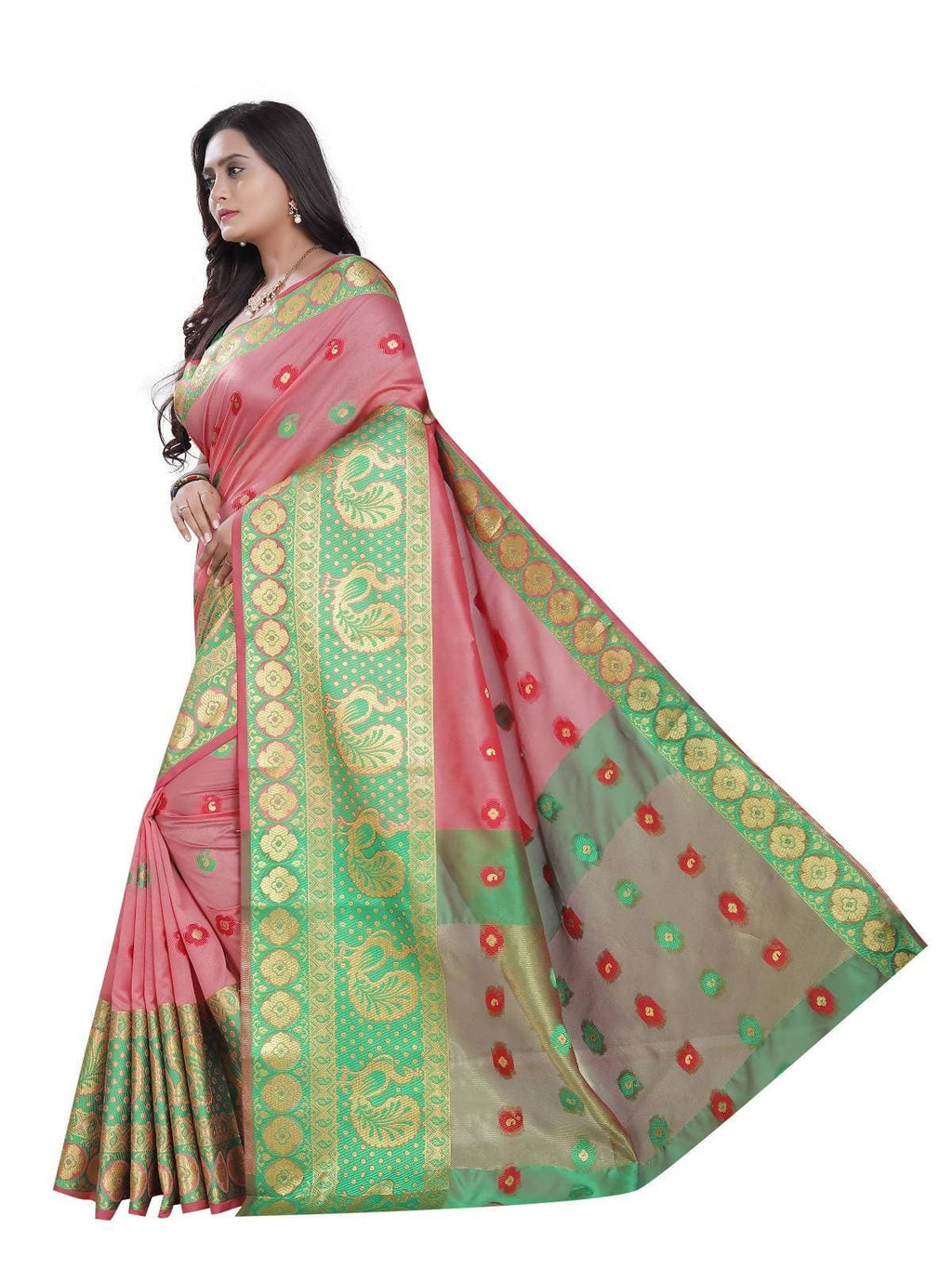 Vamika Banarasi Cotton Silk Peach Weaving Saree | Grocsy