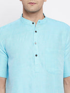 Even Apparels Blue Color Pure Cotton Men's H/S Kurta With Band Collar | Grocsy