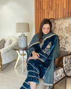 Vastranavya Teal Velvet Cording Sequence Embroidery Work Suit With Dupatta | Grocsy