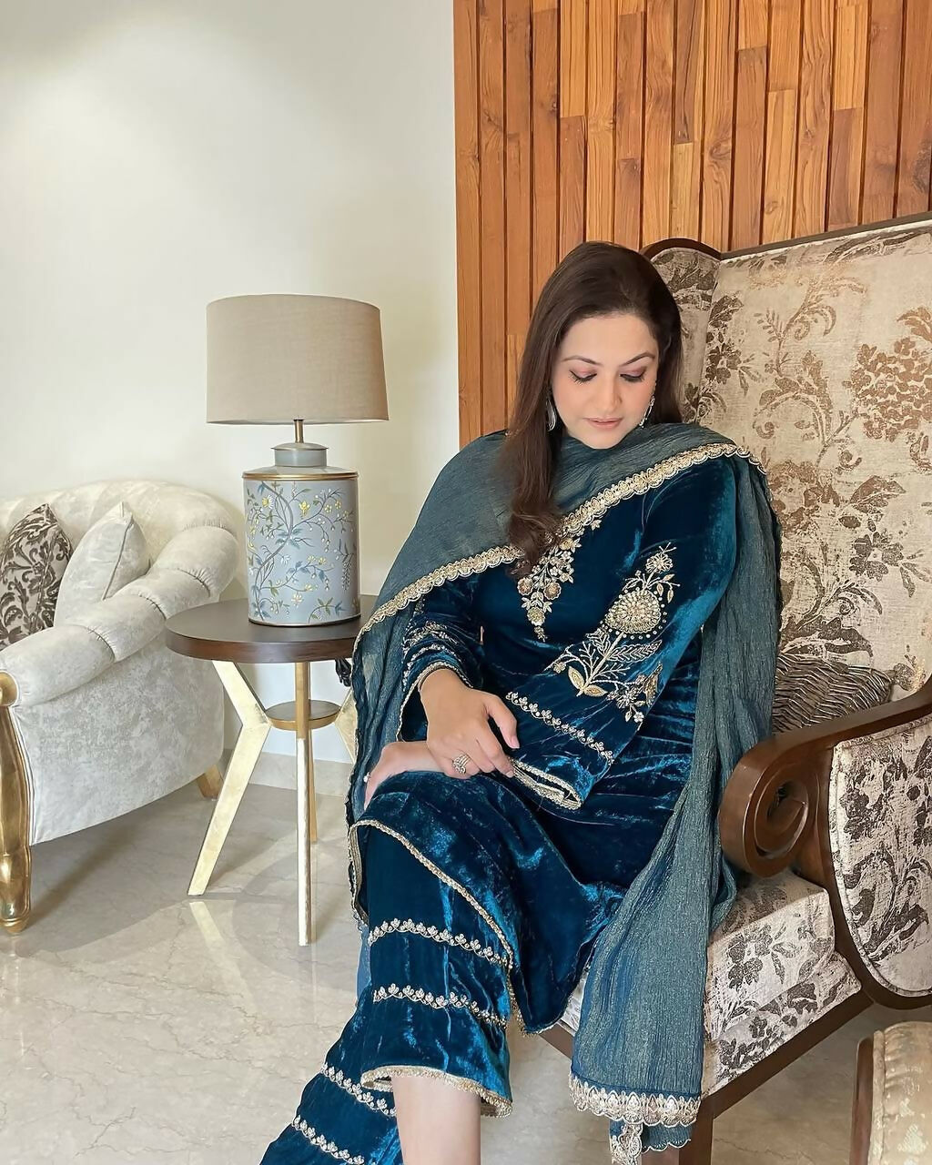 Vastranavya Teal Velvet Cording Sequence Embroidery Work Suit With Dupatta | Grocsy