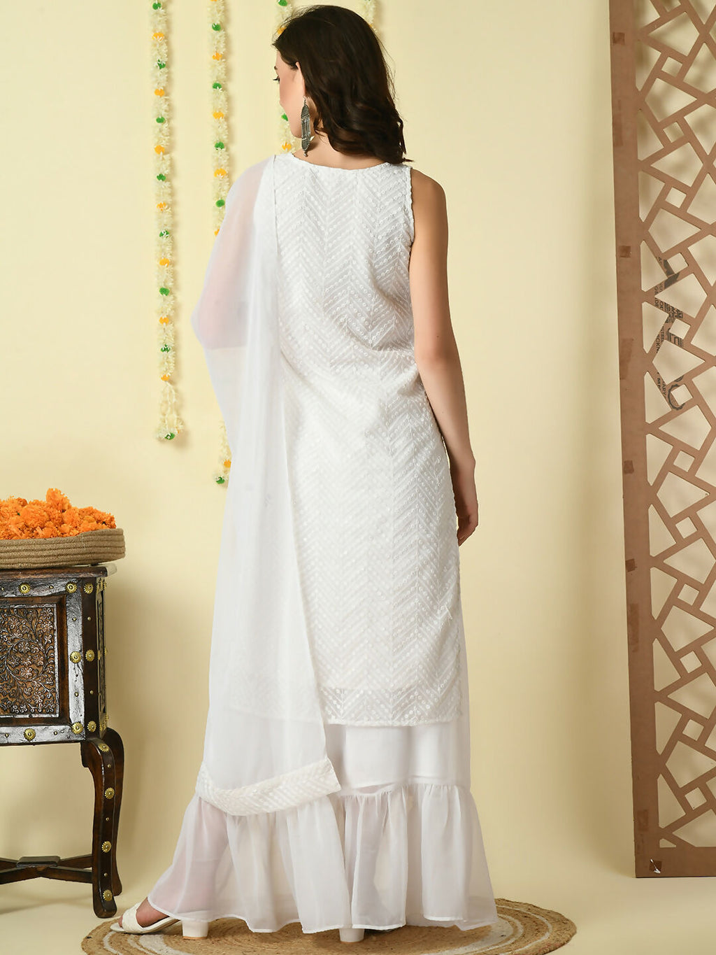 Myshka Women's White Georgette Kurta & Skirt With Dupatta Party Sets | Grocsy