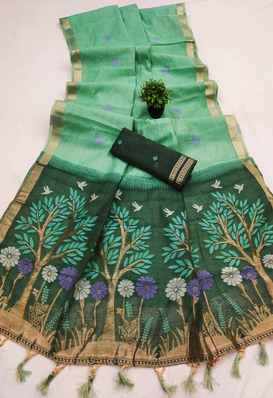 Vastranavya Sky Blue Muga Cotton Meenakari & Azarakh Pallu Saree with Contrast Blouse | Grocsy
