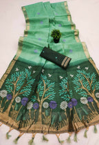 Vastranavya Sky Blue Muga Cotton Meenakari & Azarakh Pallu Saree with Contrast Blouse | Grocsy