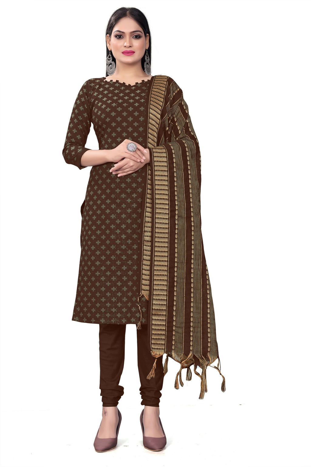 Brown Cotton Jacquard Woven Unstitched Dress Material - Amara | Grocsy