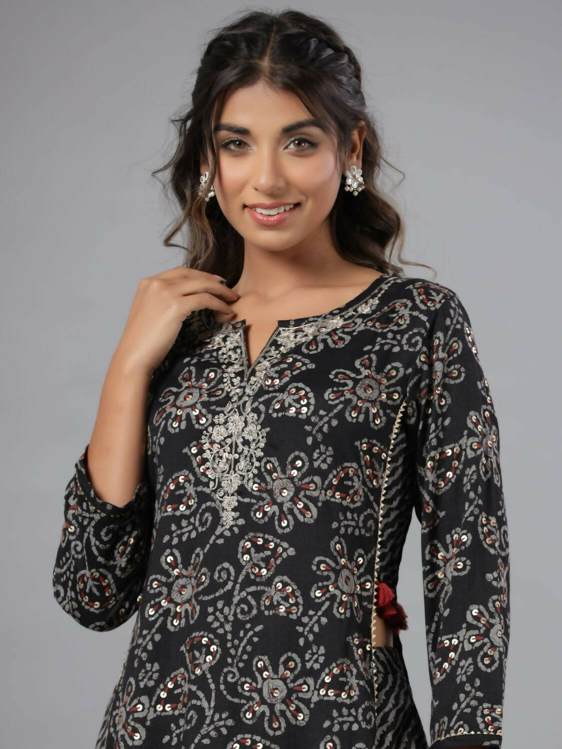 Juniper Women Black Rayon Slub Printed with Embroidered Kurta and Pants Set | Grocsy