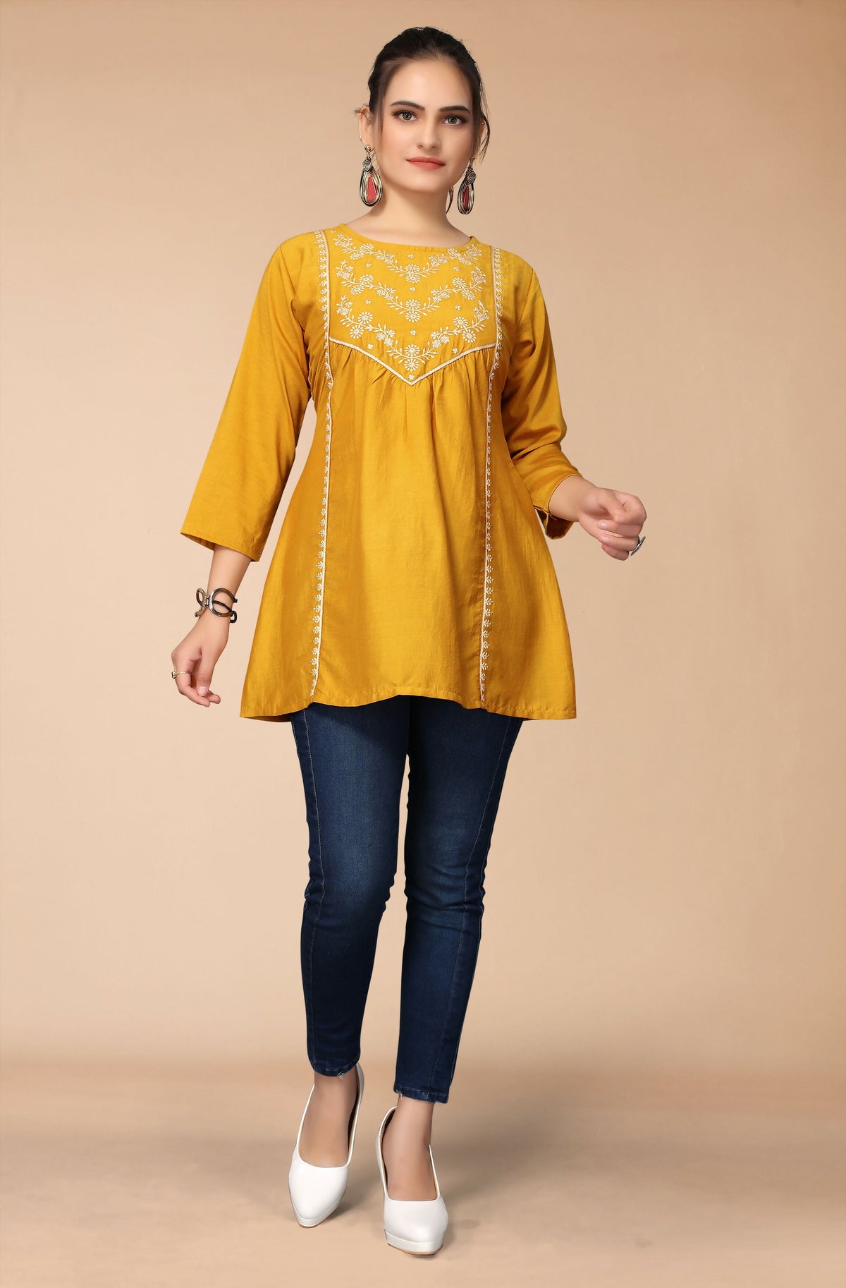 Women's Mustard Viscose blend Embroidered Short Top - Marina | Grocsy
