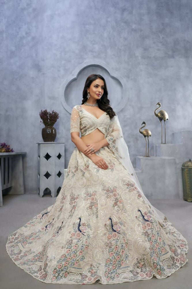 Kesar Fab Ivory Net Embroidered Lehenga | Grocsy