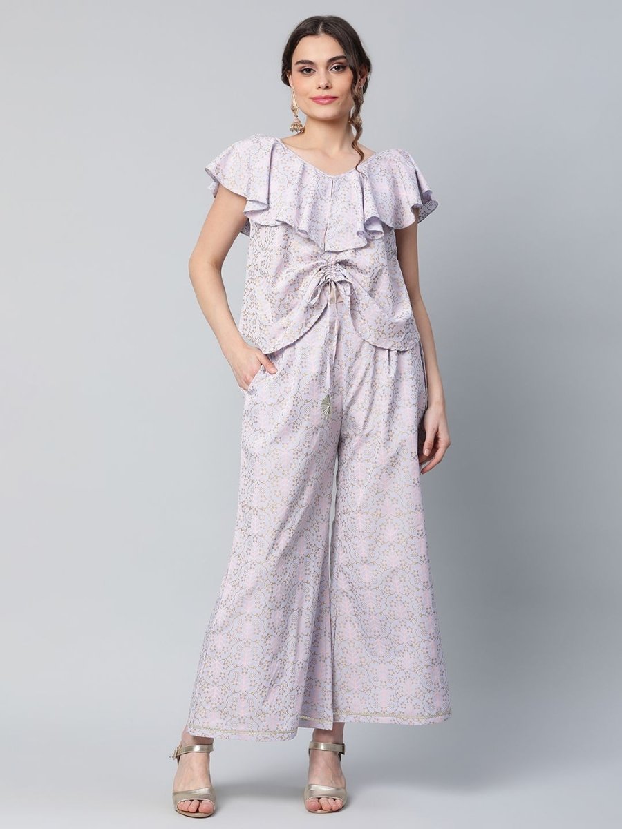 Ahalyaa Women Powder Blue Crepe Khari Printed Top with Palazzo Set | Grocsy