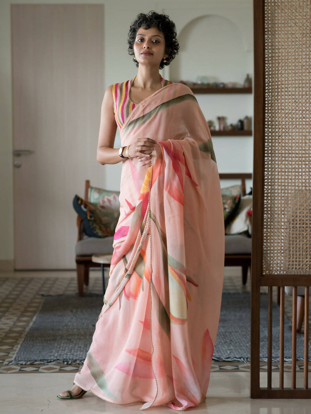 Suta Peach Floral Pure Cotton Saree | Grocsy
