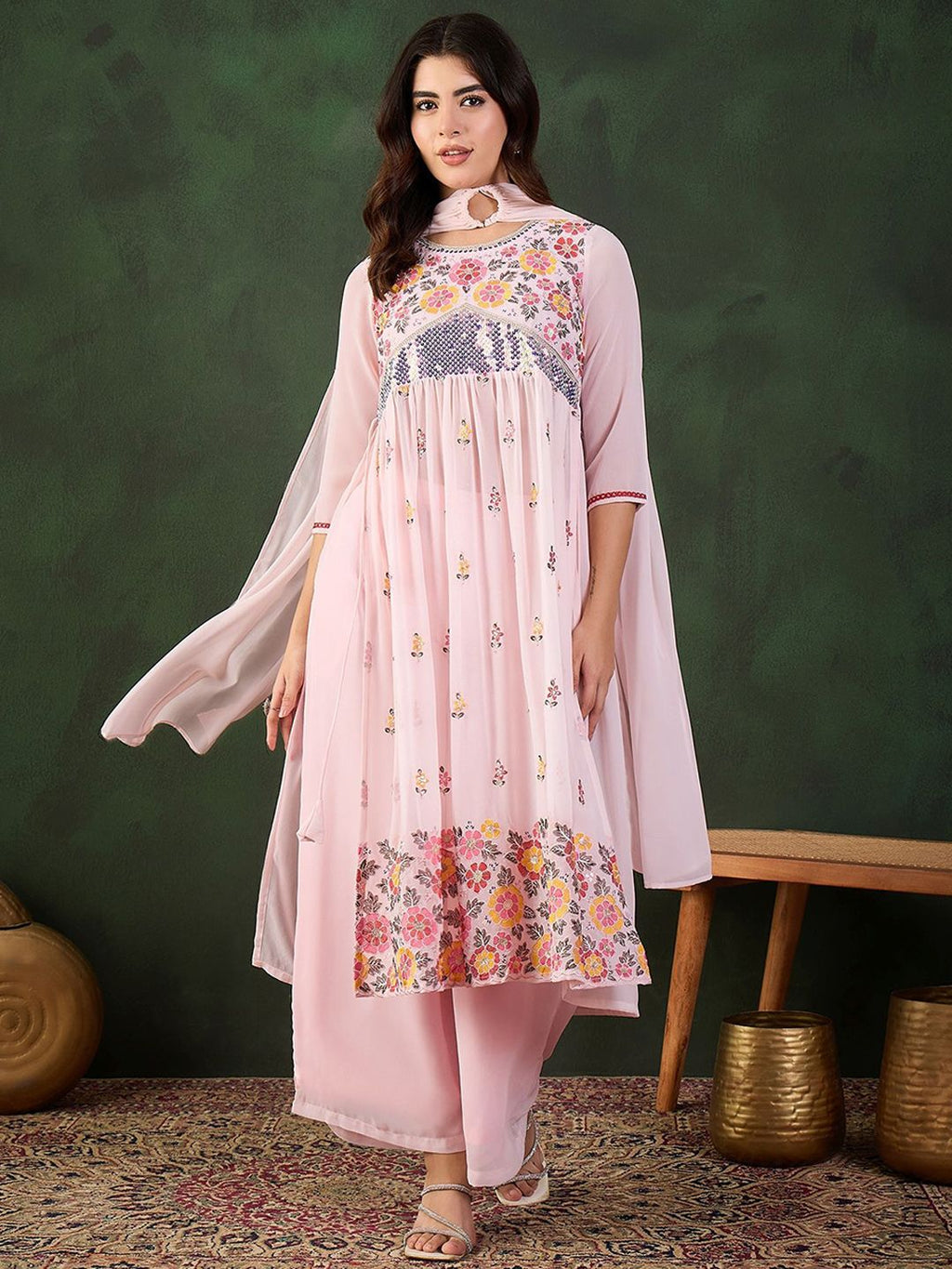 Sangria Embroidered Kurta, Palazzo With Dupatta | Grocsy