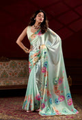 Vastranavya Pista Satin Silk Floral Printed with Pearl Lace Saree with Unstitched Blouse | Grocsy