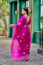 Vastranavya Pink Embroidery Work Shimmer Chiffon Saree with Unstitched Blouse | Grocsy