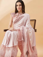 Pink Lycra Frill Details, Hand Embroidered Brooch Saree - Norita Hit Design | Grocsy