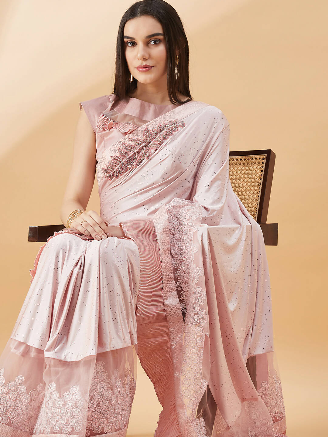 Pink Lycra Frill Details, Hand Embroidered Brooch Saree - Norita Hit Design | Grocsy