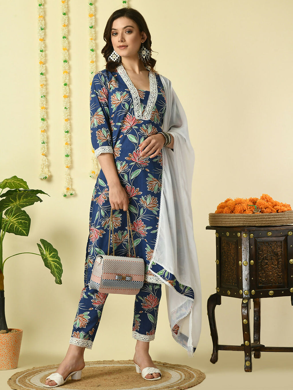 Myshka Women's Blue Pure Cotton Kurta & Trousers With Dupatta Party Sets | Grocsy