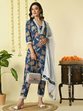 Myshka Women's Blue Pure Cotton Kurta & Trousers With Dupatta Party Sets | Grocsy