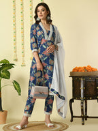 Myshka Women's Blue Pure Cotton Kurta & Trousers With Dupatta Party Sets | Grocsy