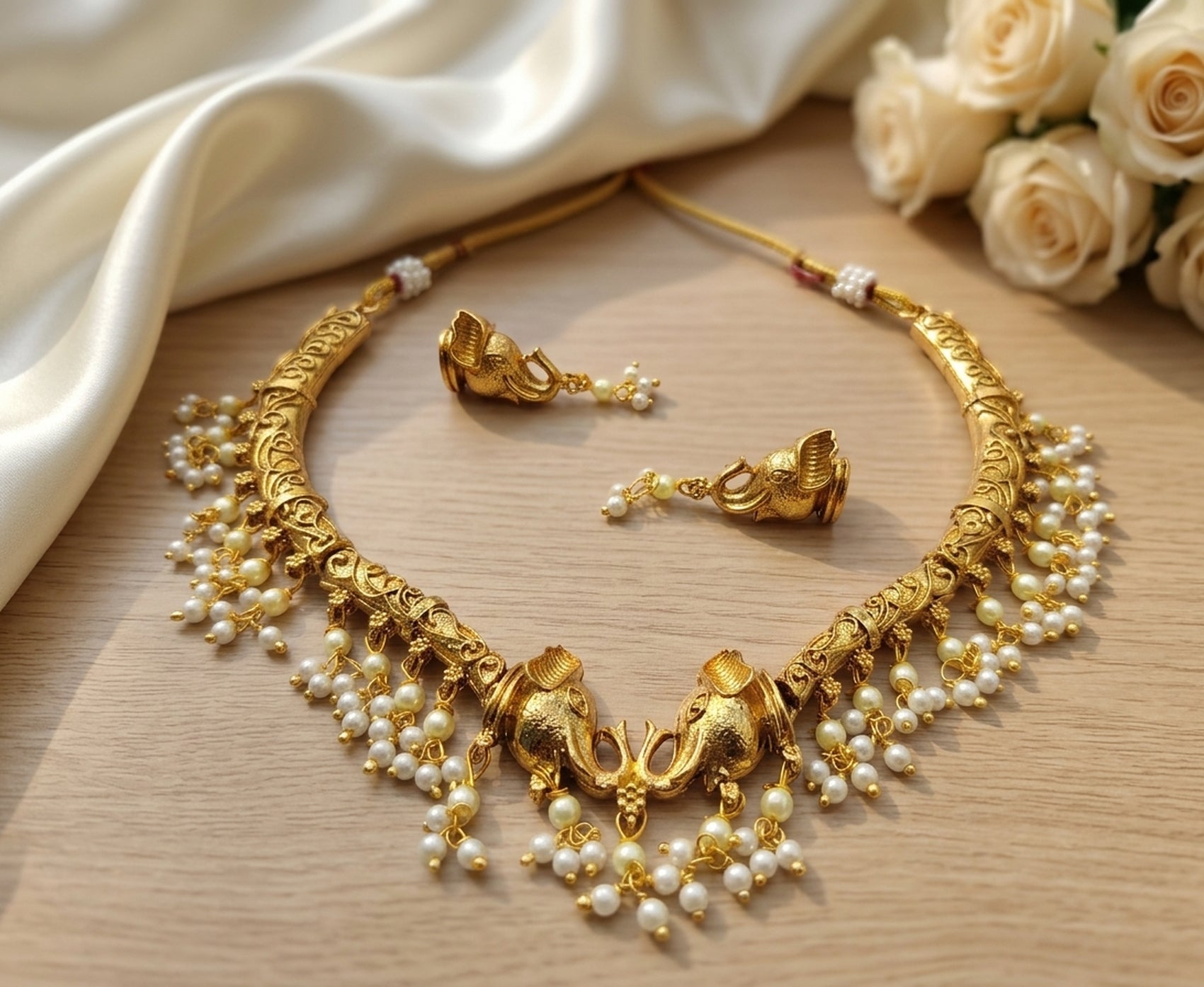 Jewel City Antique Gold Plated Elephant Temple Jewelry Set Traditional Indian Choker Necklace & Earrings for Wedding & Festivals | Grocsy