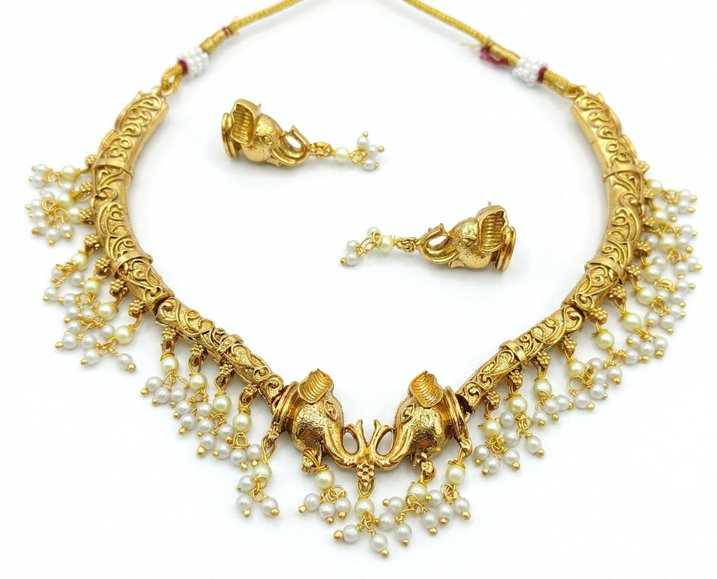 Jewel City Antique Gold Plated Elephant Temple Jewelry Set Traditional Indian Choker Necklace & Earrings for Wedding & Festivals | Grocsy