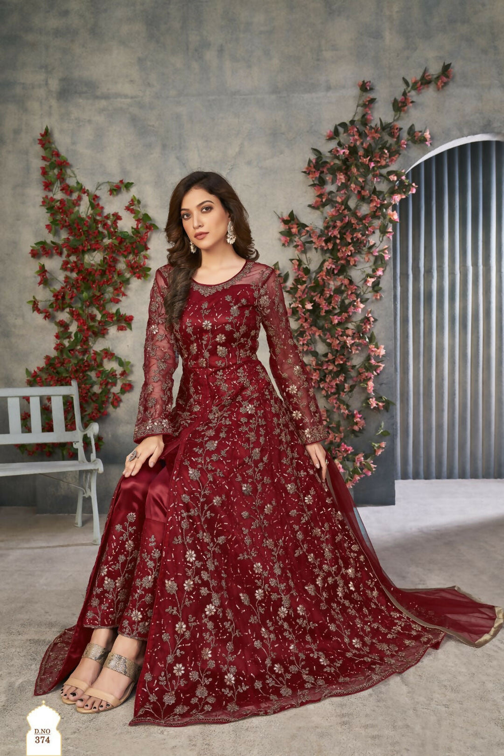 Anaita Maroon Embroidered Net Stitched Anarkali suit | Grocsy