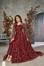 Anaita Maroon Embroidered Net Stitched Anarkali suit | Grocsy
