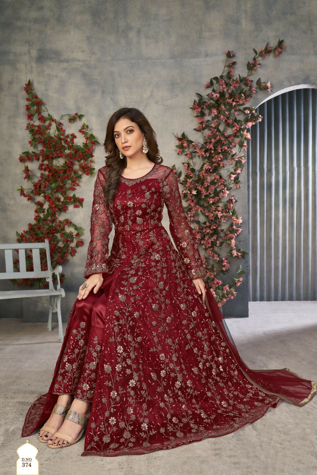 Anaita Maroon Embroidered Net Stitched Anarkali suit | Grocsy