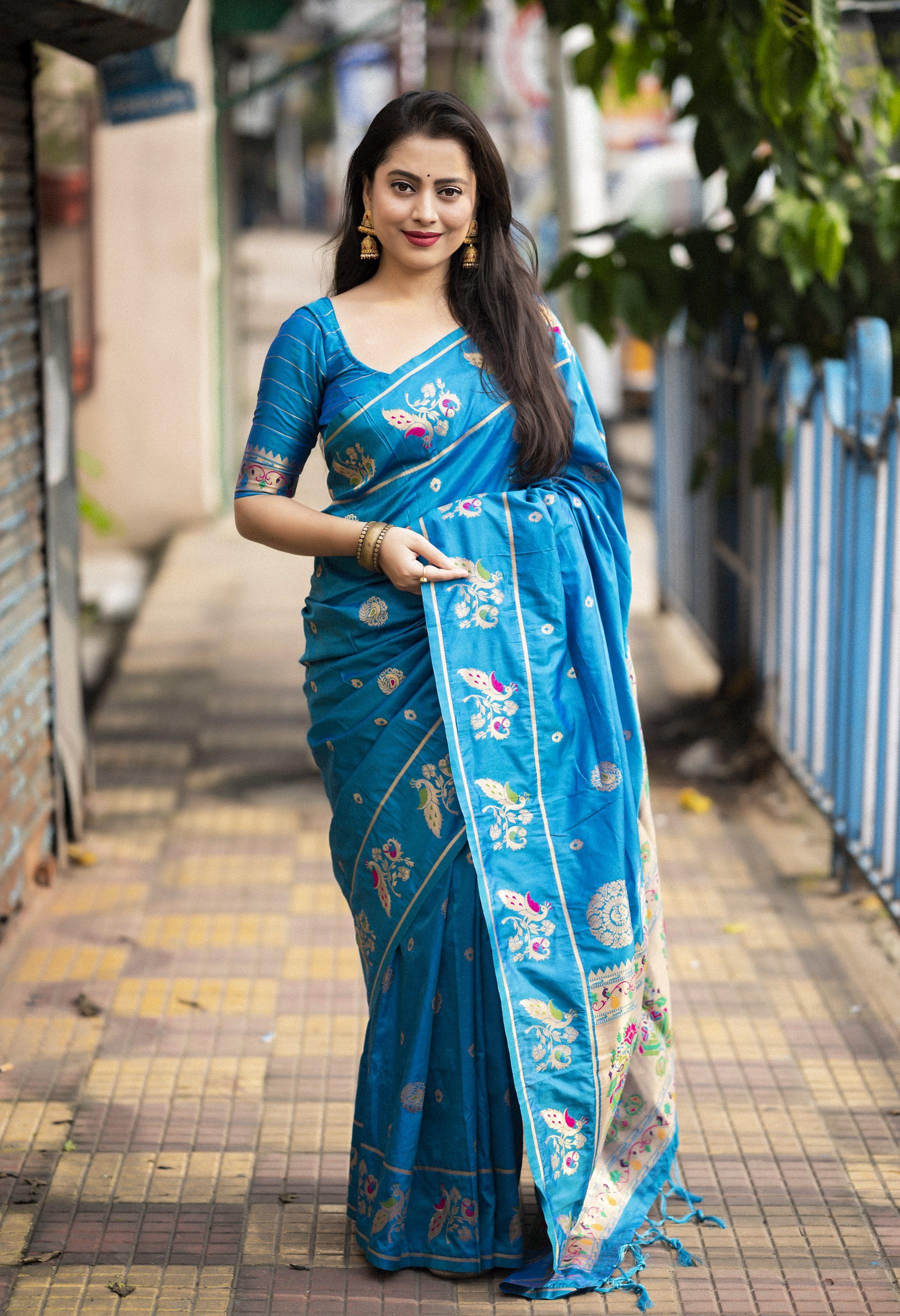 Blue Pure Silk Woven Design Saree with Unstitched Blouse - A2M | Grocsy