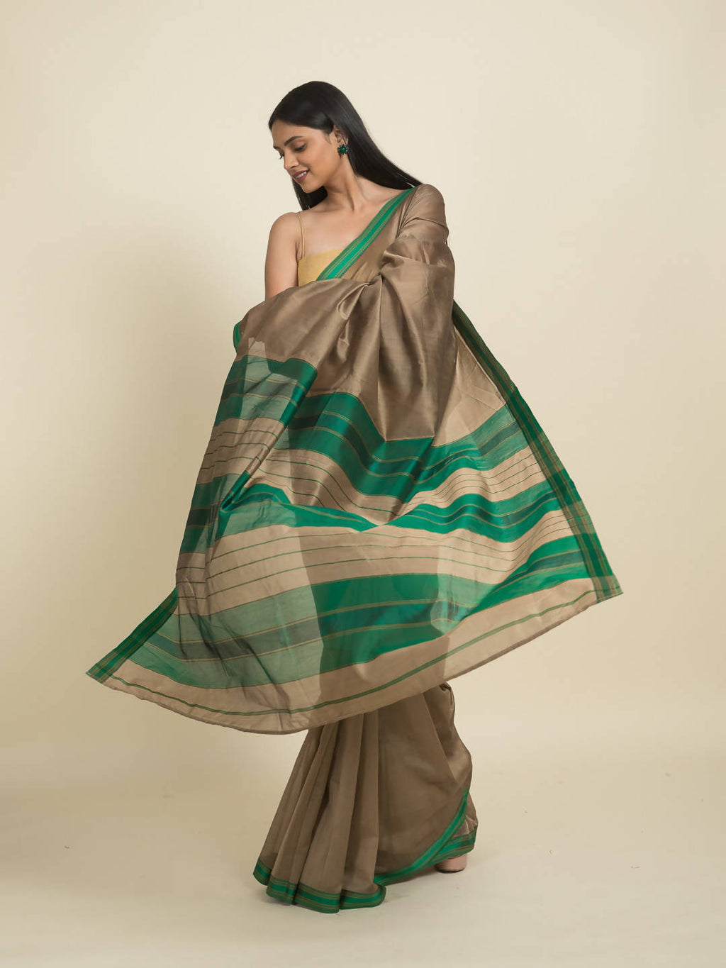 Suta Brown Green Zari Silk Cotton Maheshwari Saree | Grocsy