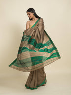 Suta Brown Green Zari Silk Cotton Maheshwari Saree | Grocsy