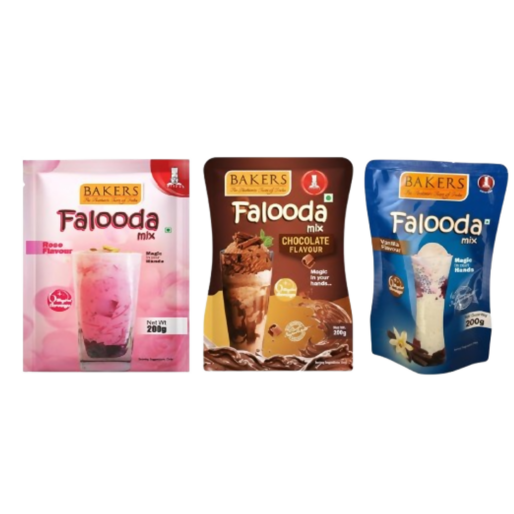 BAKERS Falooda Mix Powder - Chocolate, Vanilla And Rose Flavor | Grocsy