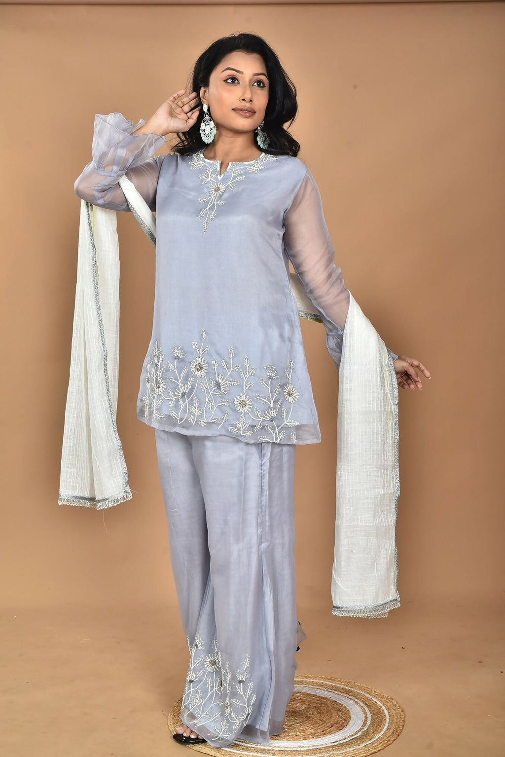 Morchari Women And Hand Embroidery Palazzo Set-Grey | Grocsy