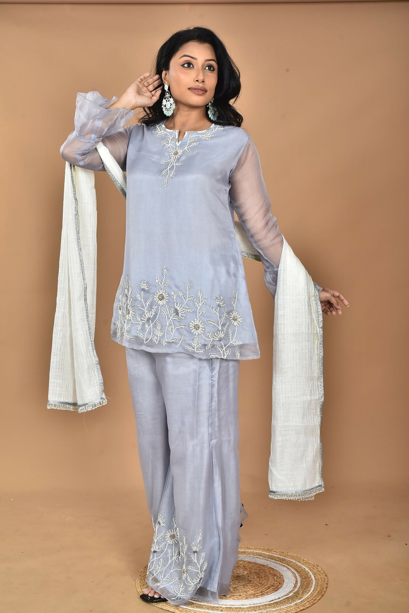 Morchari Women And Hand Embroidery Palazzo Set-Grey | Grocsy
