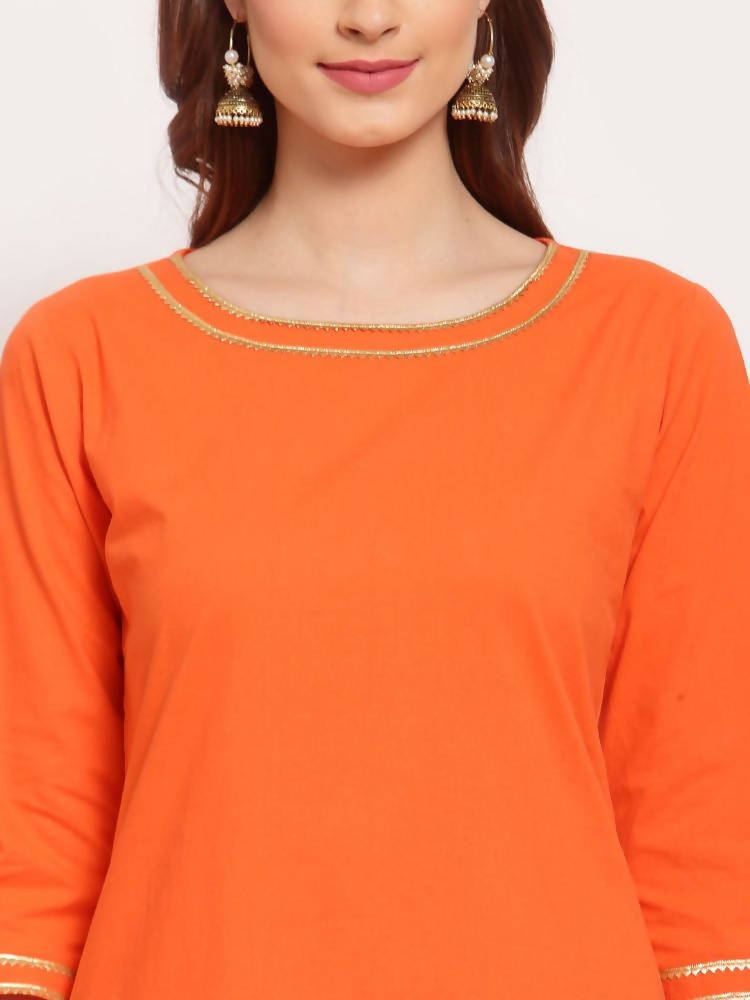 Myshka Women's Orange Solid Cotton 3/4 Sleeve Round Neck Casual Kurta Pant Dupatta Set | Grocsy