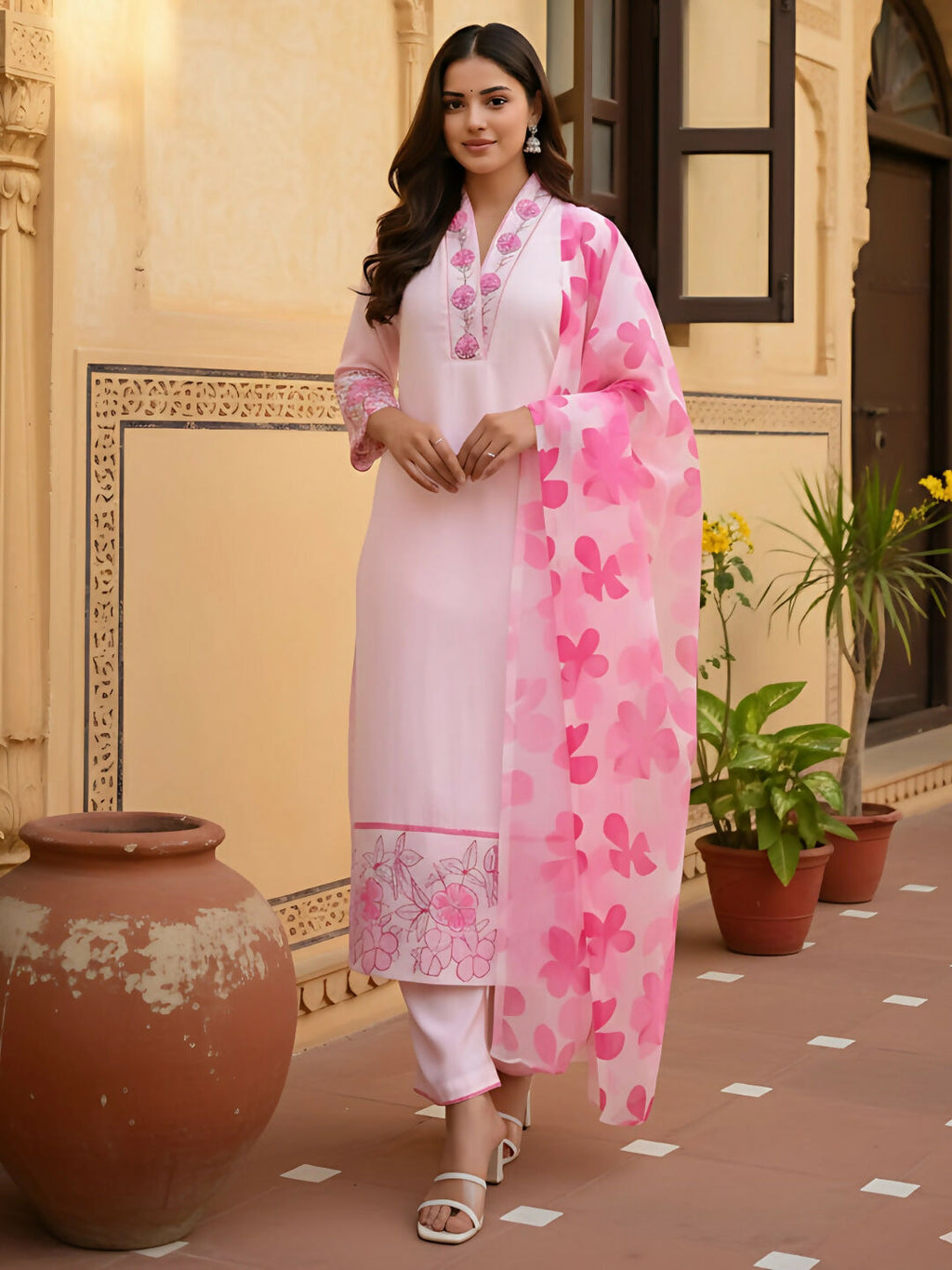 The52 Women's Beautiful Chanderi Fabric Printed Work Straight Kurta Pant and Dupatta Set | Grocsy