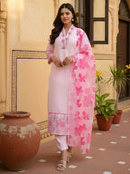The52 Women's Beautiful Chanderi Fabric Printed Work Straight Kurta Pant and Dupatta Set | Grocsy