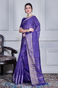 Morchari Dark Blue Script Printed Orzanga Saree Unstitched Blouse | Grocsy