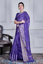 Morchari Dark Blue Script Printed Orzanga Saree Unstitched Blouse | Grocsy