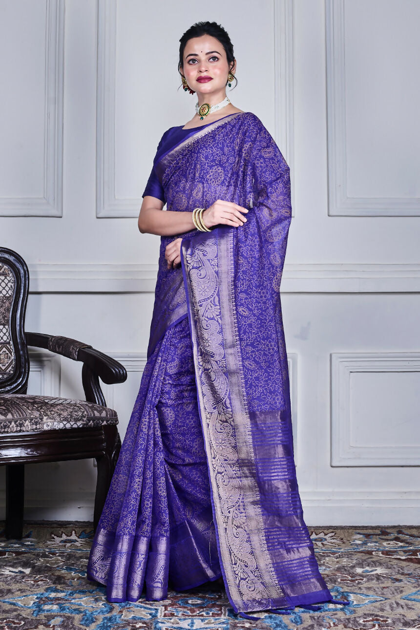Morchari Dark Blue Script Printed Orzanga Saree Unstitched Blouse | Grocsy