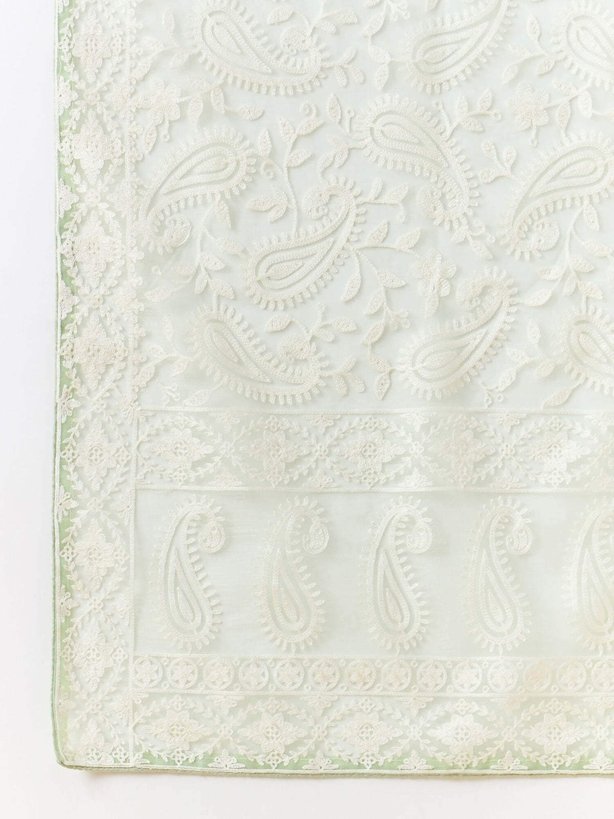 Green Organza Paisely Embroidered Saree with Unstitched Blouse Piece - Roozal | Grocsy