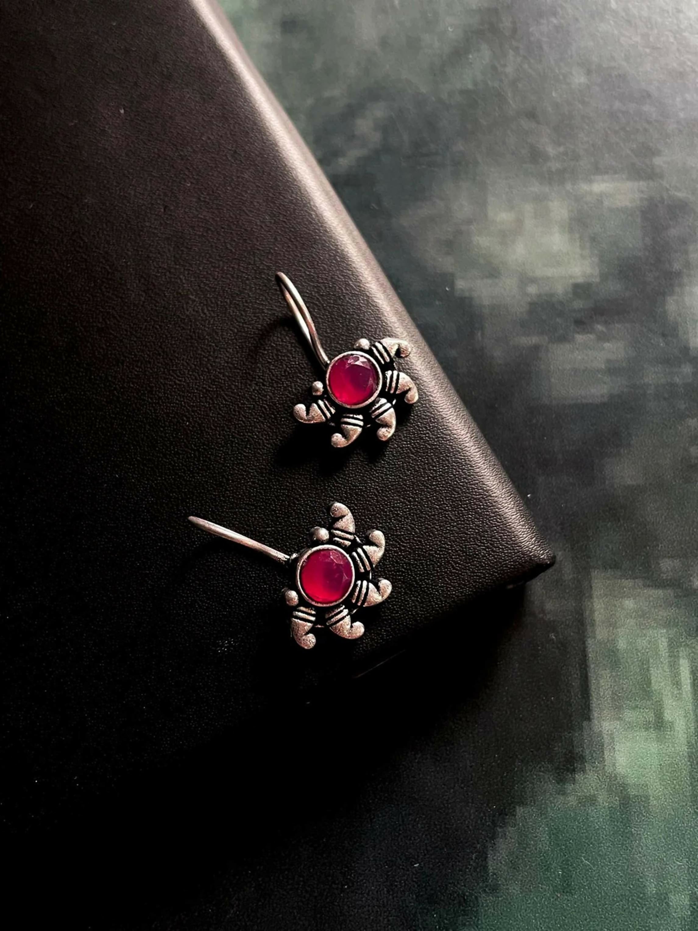 Joban Fashion Women Red Monalisa Stone Oxidized Half Flower Small Earring | Grocsy