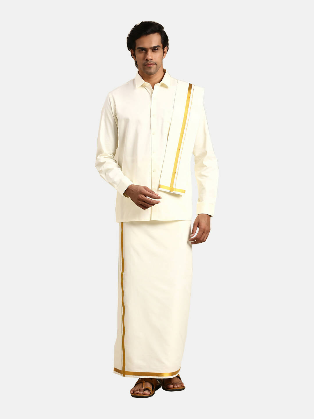 Ramraj Cotton 2 In 1 Set For Mens Readymade Cream Double Layer Pocket Dhoti With 3/4 Inch Golden Jari And Towel | Grocsy