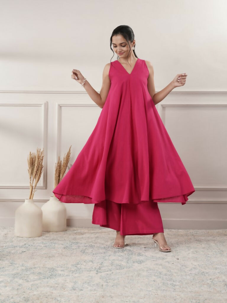 Joban Fashion Women's Fuchsia Cotton A-Line Midi Dress With Pants | Grocsy