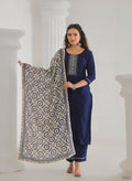 Festive Ethnic Viscose Chanderi Blue Stitched Suit With Dupatta - Rashmika | Grocsy