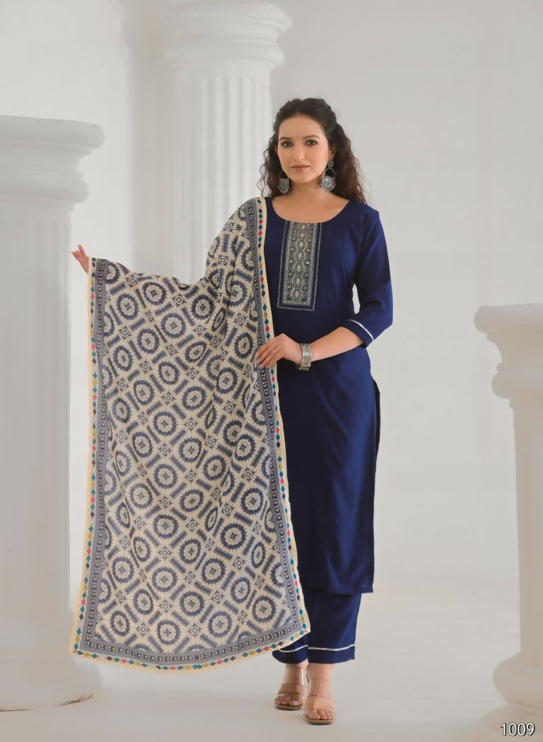 Festive Ethnic Viscose Chanderi Blue Stitched Suit With Dupatta - Rashmika | Grocsy