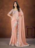 Peach Crepe Satin Silk Embroidered Saree with stitched Blouse - Mohmanthan Saha Saki | Grocsy