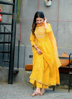 Yufta Women Mustard Handblock Printed Kurta with Trouser & Dupatta | Grocsy