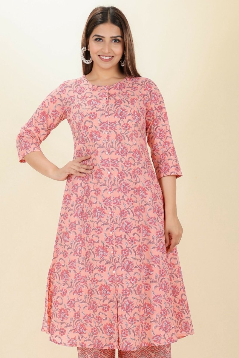 Aramya Pink Soft Cotton Floral A-line Kurta for Women | Grocsy